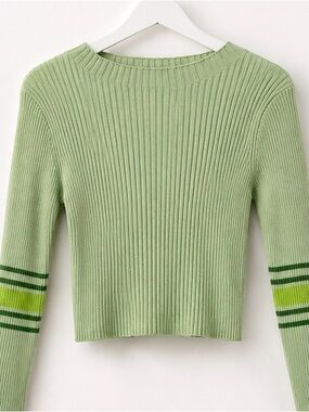 Women's Light Green Ribbed Crewneck Sweater with Stripe Detail